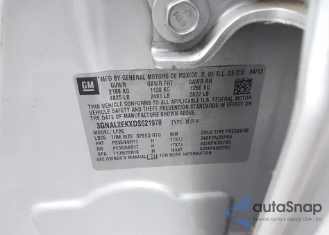 2013 Chevrolet Captiva Sport 2Ls from USA, damaged, VIN 3GNAL2EKXDS621978